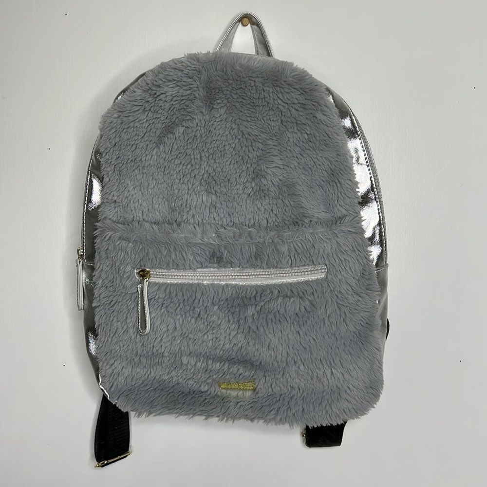 Betsey Johnson grey fur backpack with animal hoodie